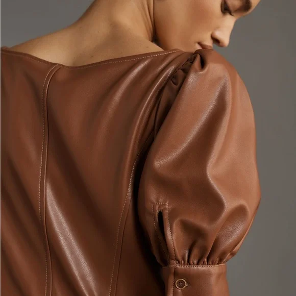 Anthropologie Faux-Leather Puff-Sleeve Zip-Front Midi Dress In Brown NWT - Picture 3 of 4